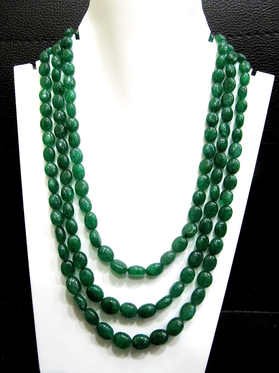 Natural Beryl Emerald Oval Plain Smooth Beads 6x9mm to 9x11mm 3 Stranded 18 inches Long Gemstone Beaded Necklace