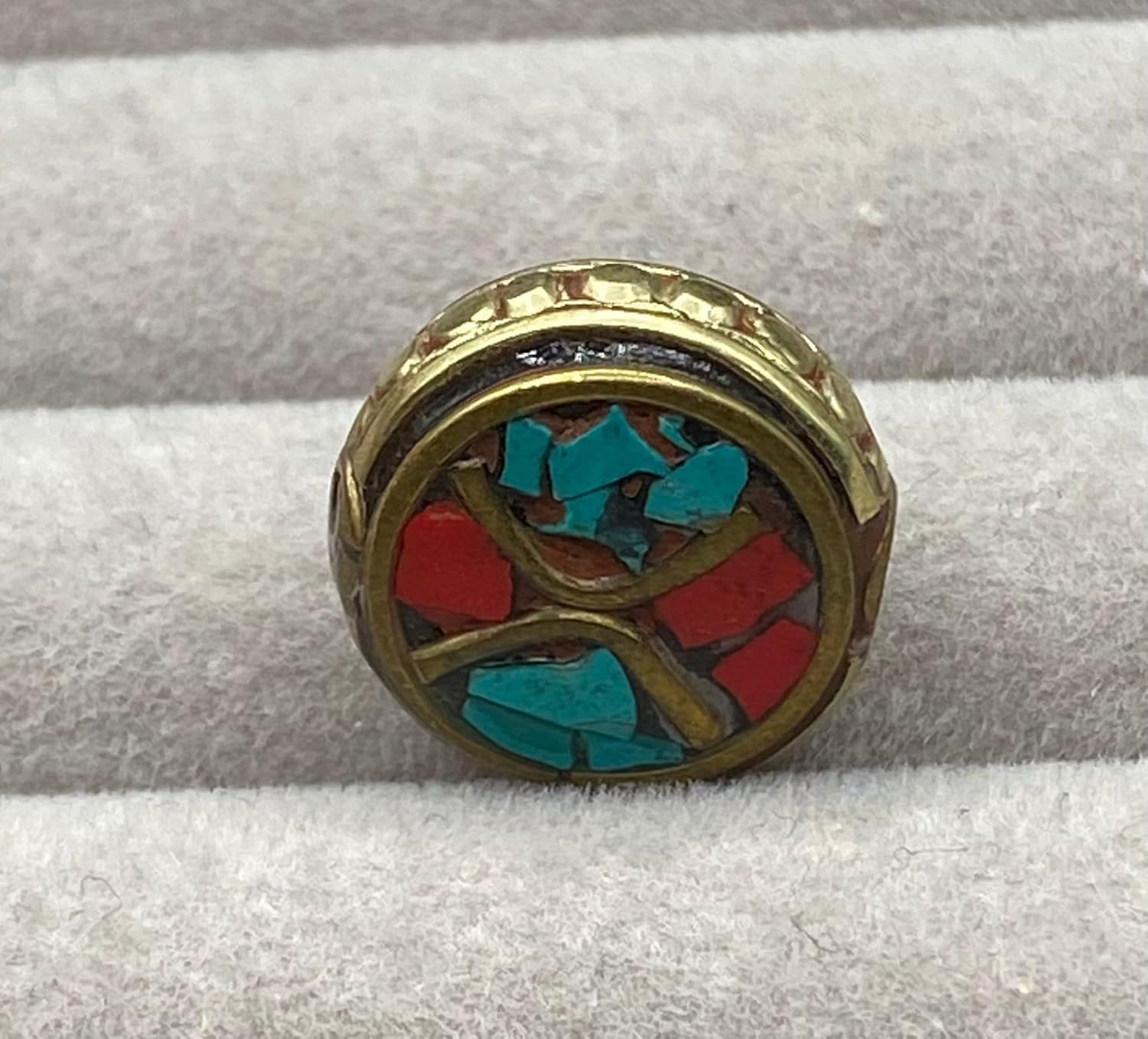 Old Antique 16x7mm Nepalese Tibetan Bead with Coral and Turquoise Inlay – 3.6g Handmade Brass Vintage Bead for Jewelry Making, Boho Crafts, Healing & Meditation Accessories (50)