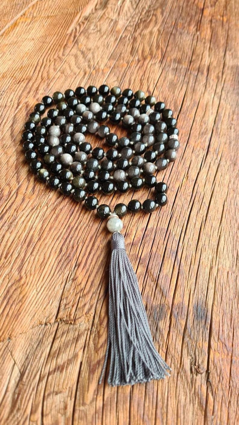 Natural Silver Golden Sheen Obsidian 8mm 108 Mala Beads, Spiritual, Meditation Beads, Reiki, Japa Mala, Buddhist Prayer Beads, Yoga Bracelet, healing beads LKMALA-RRGU-2719