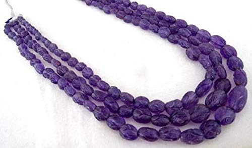 LKBEADS 3 Line Natural Amethyst Carved Long Beads Necklace 19 INCHES 18MM to 8MM Code-HIGH-46440