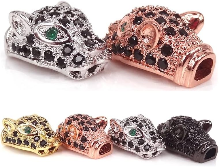 Davitu Silver Gold Color Green Eye Leopard Head Bead,Micro Pave White cz Cubic Zircon Leopard Head Bead for Bracelet Making Spacer Bead - (Color: Black)