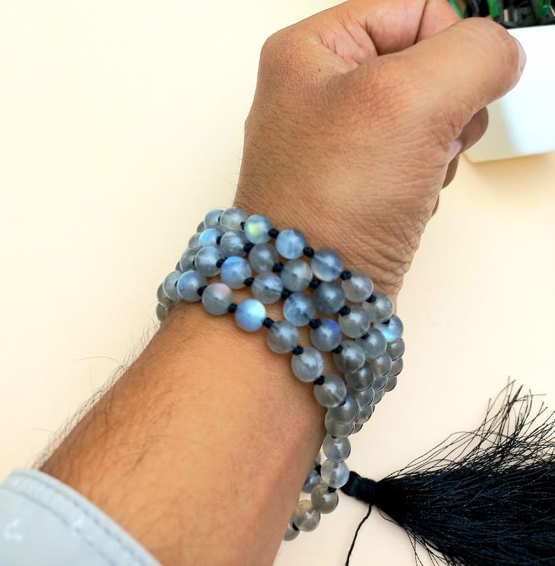 Natural Labradorite 8mm 108 Mala Beads, Spiritual, Meditation Beads, Reiki, Japa Mala, Buddhist Prayer Beads, Yoga Bracelet, healing beads LKMALA-RRGU-3088