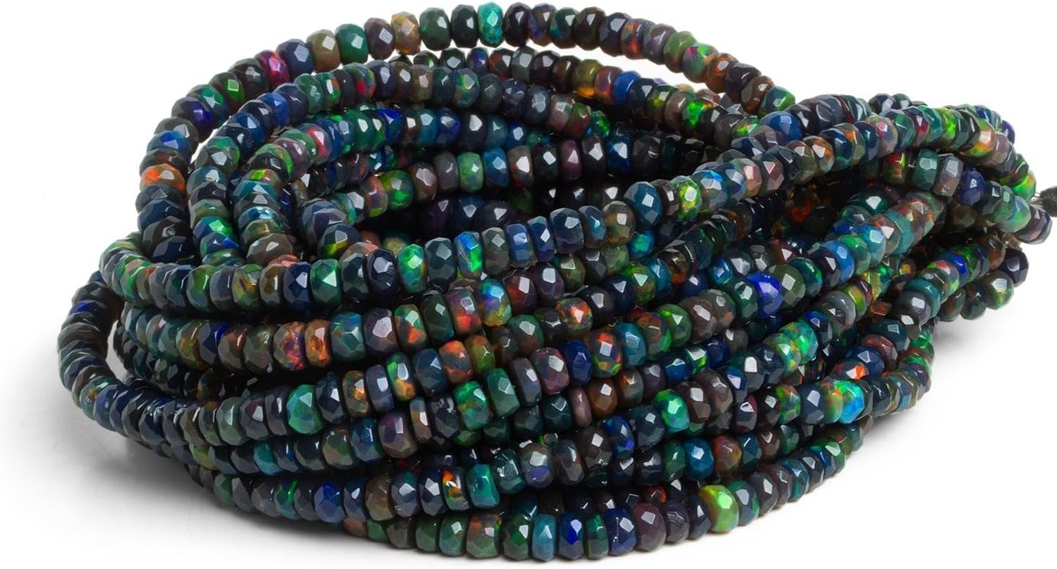 4-6mm Black Ethiopian Opal Faceted Rondelles 16 inch Natural Black Opal Rondelle Beads Strand for Jewelry Making