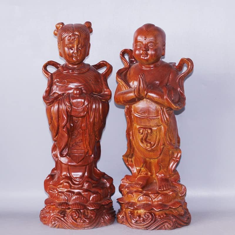 Mascot Wooden Crafts Wood Carving Art Wood Decoration Artwork 刺猬紫檀摆件 坐莲观音 金童玉女家居佛像木雕(金童玉女26*10 * 10cm)