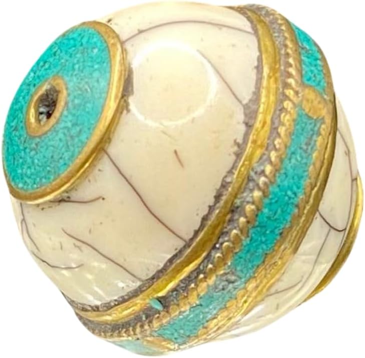 Handcrafted Nepalese Tibetan Natural Shell Pearl Bead with Turquoise 24x25mm –10.16g Round Carved Bead for Jewelry Making, Craft Supplies, DIY Necklace & Bracelet Design,Loose Beads (20)