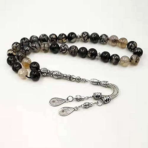 Muslim Men's Bracelet Natural Agate Tasbih Gift Islamic Rosary Misbaha Selected Rosary 33 66 99 Black Transparent Agate Bracelet (Length : 12mm, Metal Color : 99 Beads)
