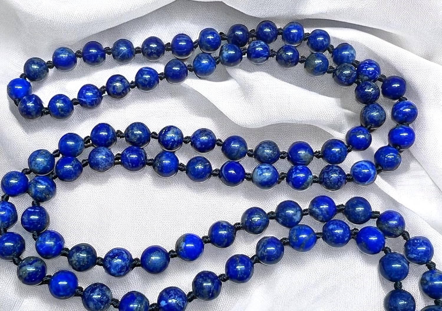 Hand Knotted 8mm Lapis Lazuli Mala Beads Necklace, Third Eye & Throat Chakra Healing, Intuition & Communication, Natural Undyed