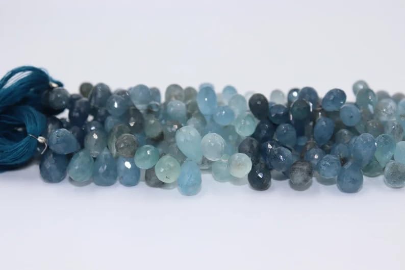 Moss Aquamarine Faceted Drops Shape Beads 6.5 * 10 mm Moss Aquamarine Side Cut Drops Beads Aquamarine Beads Strand