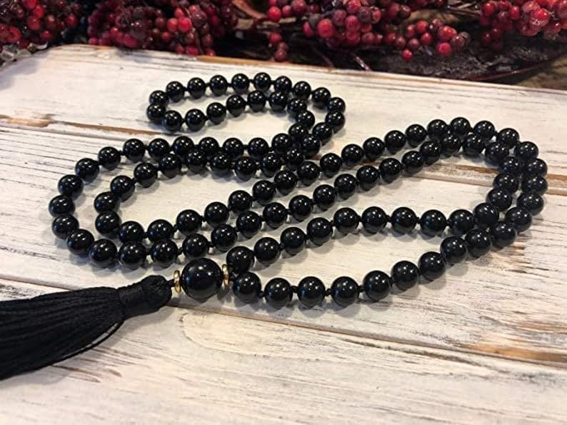 Black Onyx Stone Mala Beads, 108 Mala Necklace, Knotted Mala, WWG Necklace, Yoga Jewelry Meditation Beads Spiritual Jewelry Boho Jewelry, 34inch, Gemstone