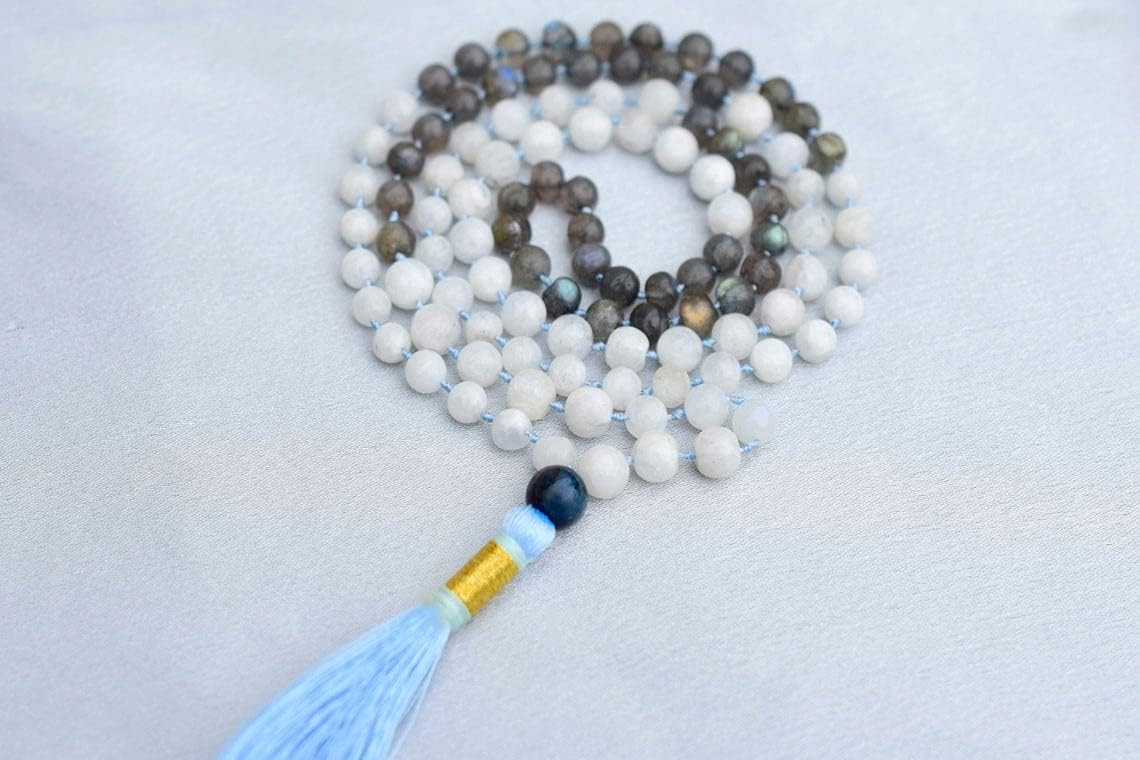 Rainbow Moonstone Labradorite 108 Beads Necklace, Tessel Prayer Beads Mala, Yoga Mala, Blessing Spiritual Ferility Jewelry Gifts, Moonstone Rosary