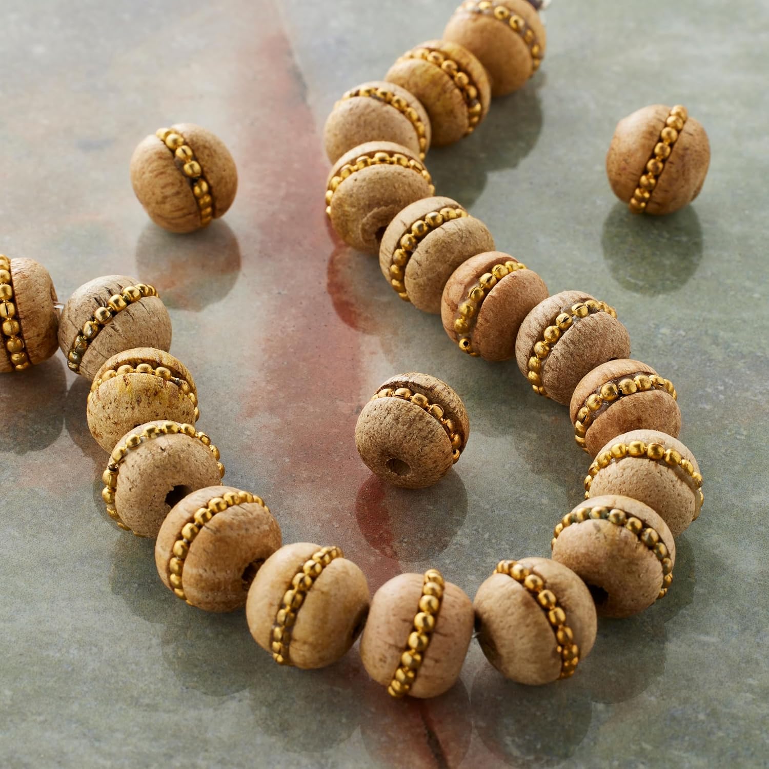 Bead Landing Brown & Gold Round Beads – 12 Pack of 21 Beads (252 Total) - 9mm-10mm Mango Wood and Iron Crafting Supplies