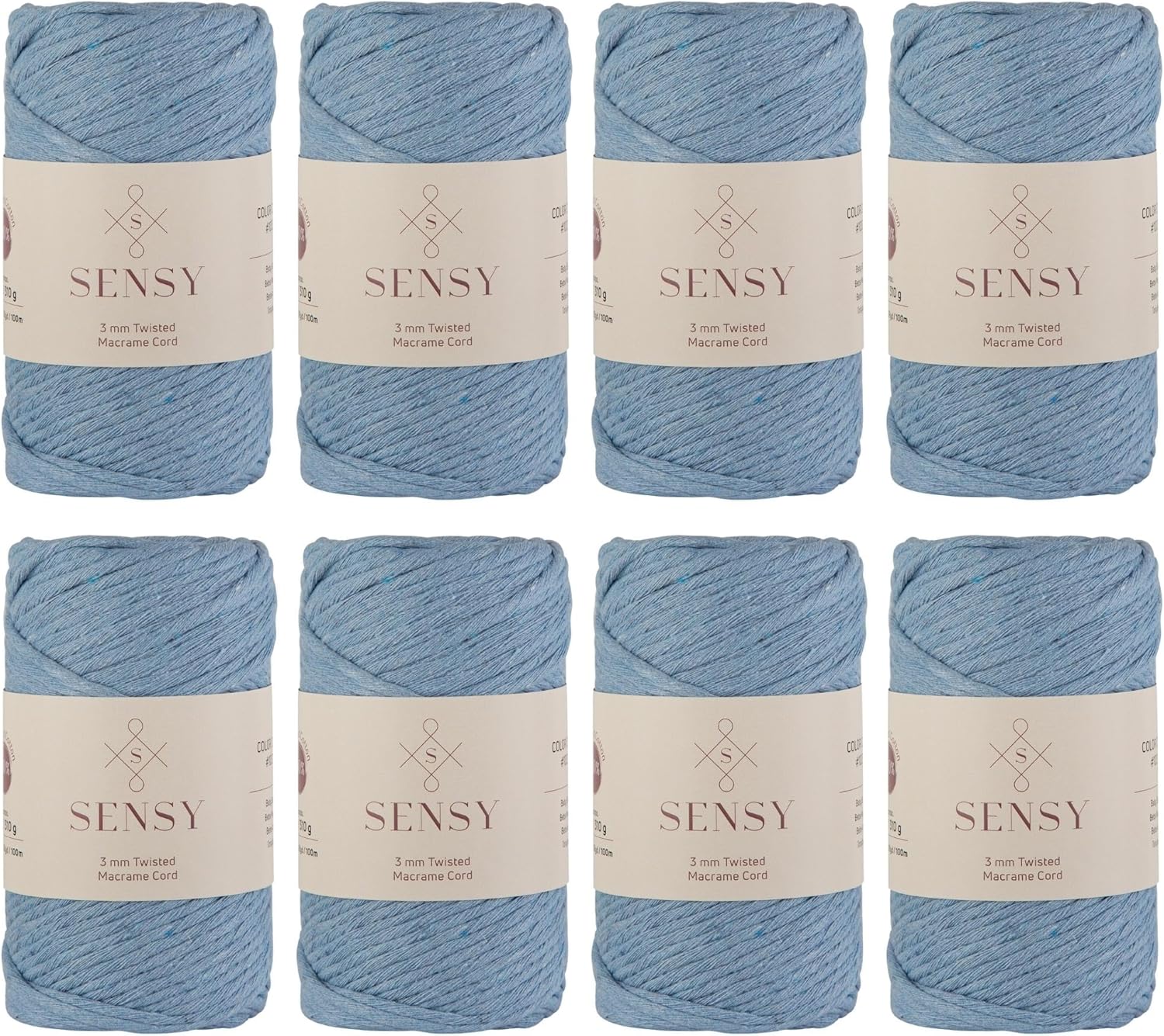 Sensy Premium Macrame Cord - 8 Skeins, 3mm, 109 Yards Each, 100% Cotton, Single Strand Twisted, Baby Blue