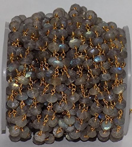 3 Feet Natural Labradorite Beaded Chain - Gold Plated Wire Wrapped Chain - Faceted Rosary Beaded Chain - Beads Measure 5-6mm