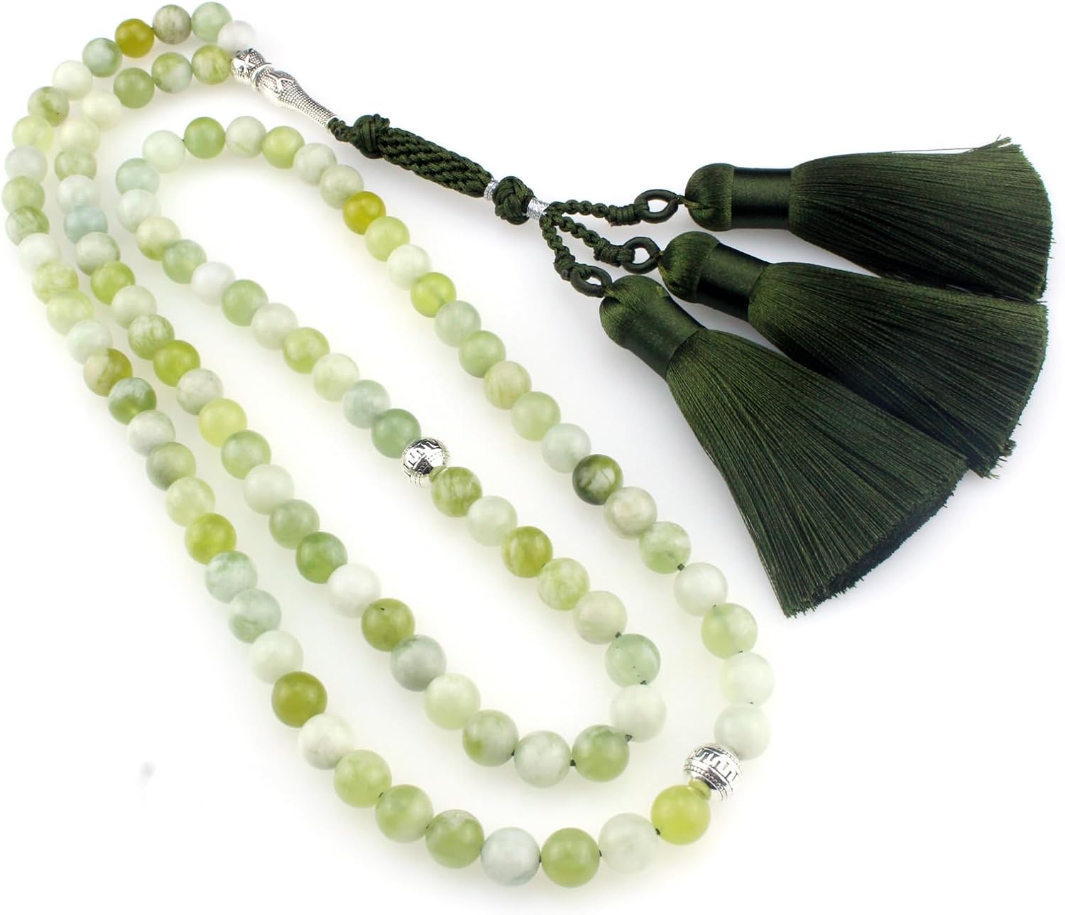 Muslims Islamic Dhikr 99 Tasbeeh Tasbih Prayer Beads, Light Green Jade Stone Beads with Tassel