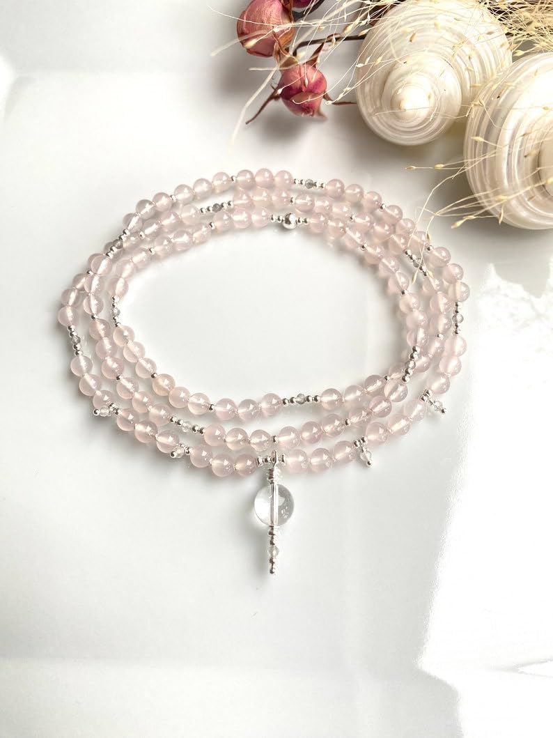 pink chalcedony Stone Mala Beads, 108 Mala Necklace, Knotted Mala, WWG Necklace, Yoga Jewelry Meditation Beads Spiritual Jewelry Boho Jewelry, 34inch, Gemstone