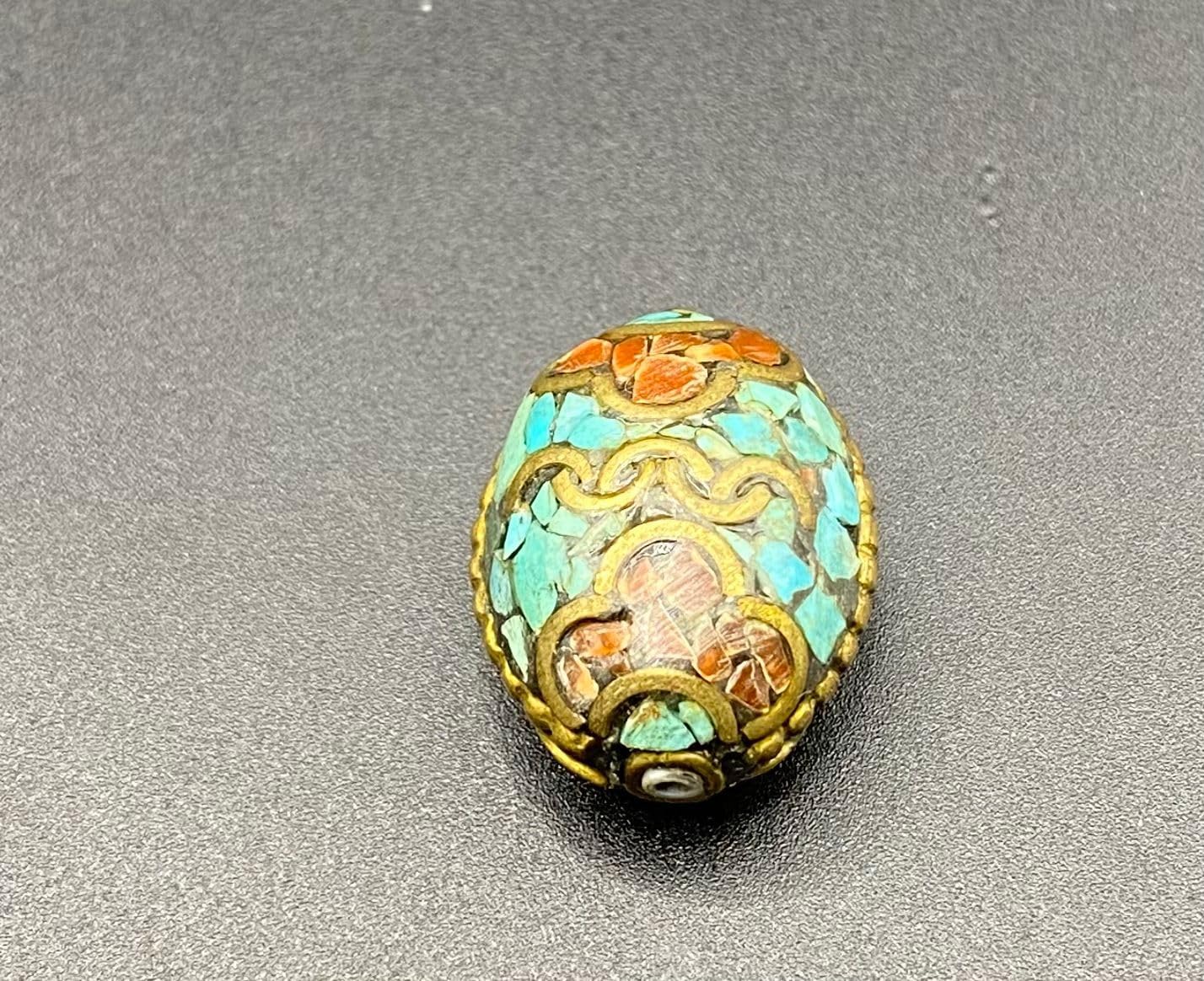 23X13mm Handcrafted 7g Natural Nepalese Tibetan Brass Bead with Turquoise & Coral Inlay – Vintage Ethnic Dzi Style Oval Bead for,Loose Beads,Jewelry Making