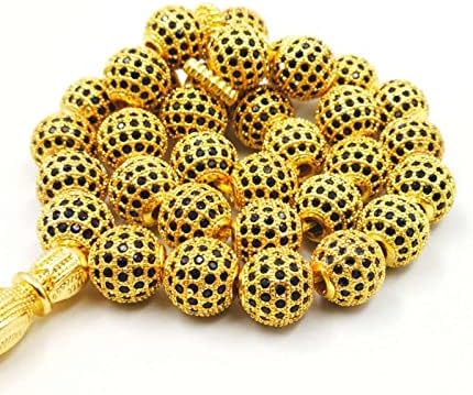 Golden Tasbih 33 Copper Beads Inlaid with Zircon Eid al-Adha Gift Bracelet Misbaha, Muslim Rosary, Islamic Fashion Rosary (Length : 10mm, Metal Color : 33 Beads)