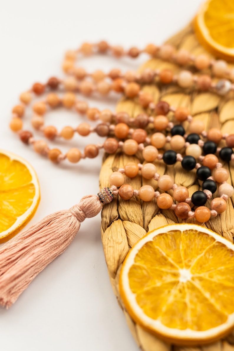 rhodonite,black onyx Stone Mala Beads, 108 Mala Necklace, Knotted Mala, WWG Necklace, Yoga Jewelry Meditation Beads Spiritual Jewelry Boho Jewelry, 34inch, Gemstone