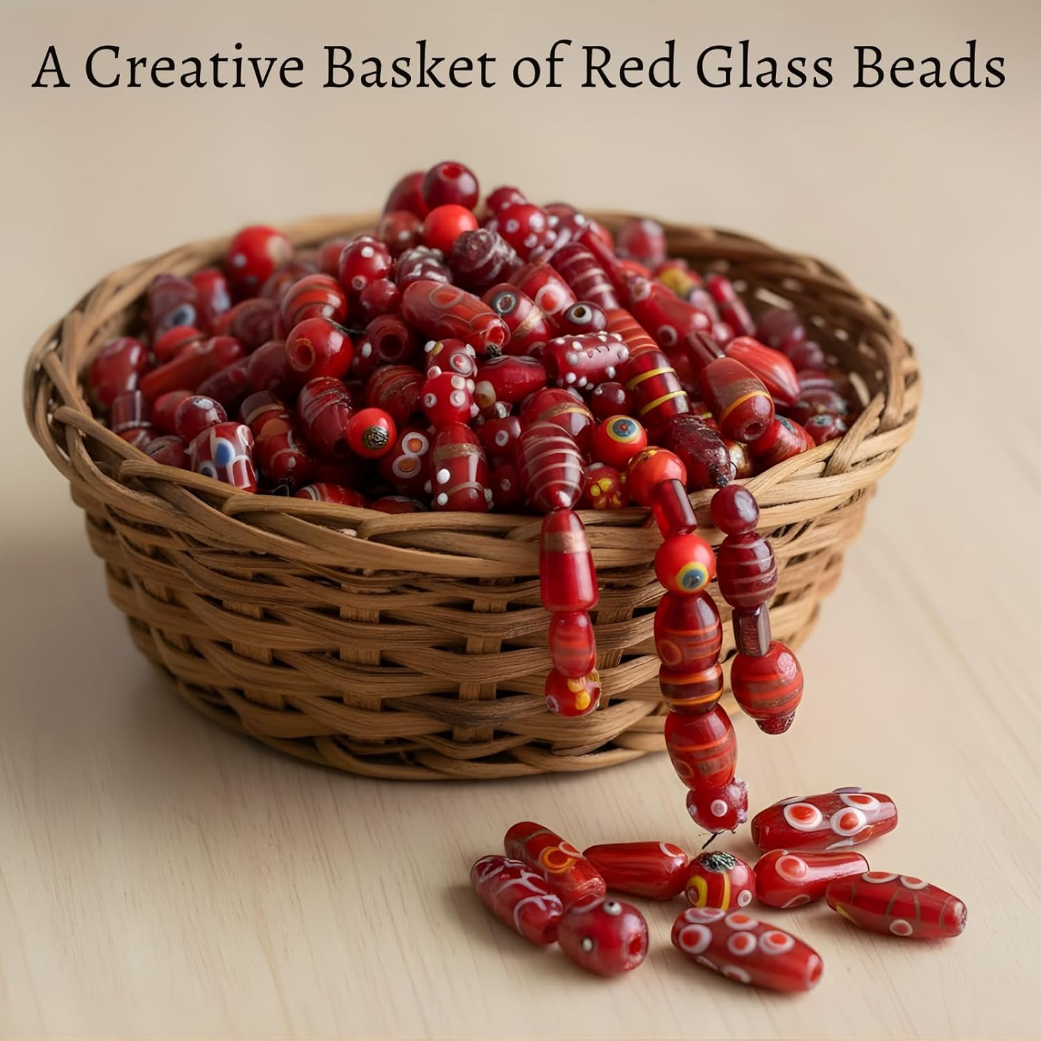 Handcrafted Red Lampwork Glass Beads | Mixed Shape Fancy Assorted Beads | Available in 40 Strands | Artistic Handmade Beads for Jewelry Making, DIY Crafts.