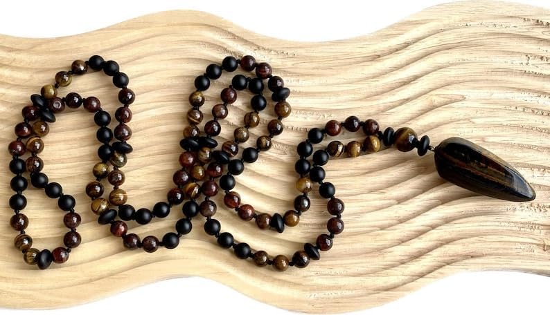 Natural Tiger's Eye & Bulls-eye,Hawkeye 8mm-14mm 108 Mala Beads, Spiritual, Meditation Beads, Reiki, Japa Mala, Buddhist Prayer Beads, Yoga Bracelet, healing beads LKMALA-RRGU-1099