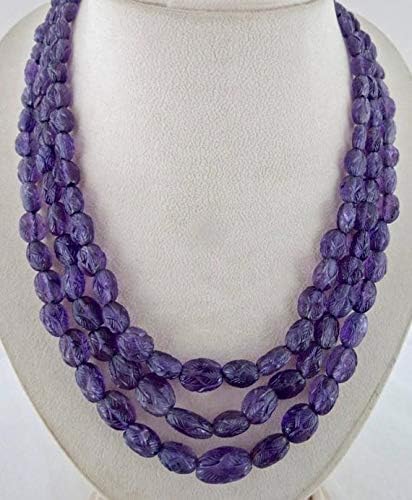 LKBEADS 3 Line Natural Amethyst Carved Long Beads Necklace 19 INCHES 18MM to 8MM Code-HIGH-46440