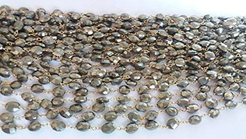 5 feet natural pyrite faceted oval beaded chain - 24k gold plated wire wrapped chain - oval beaded chain - beads 6x8mm
