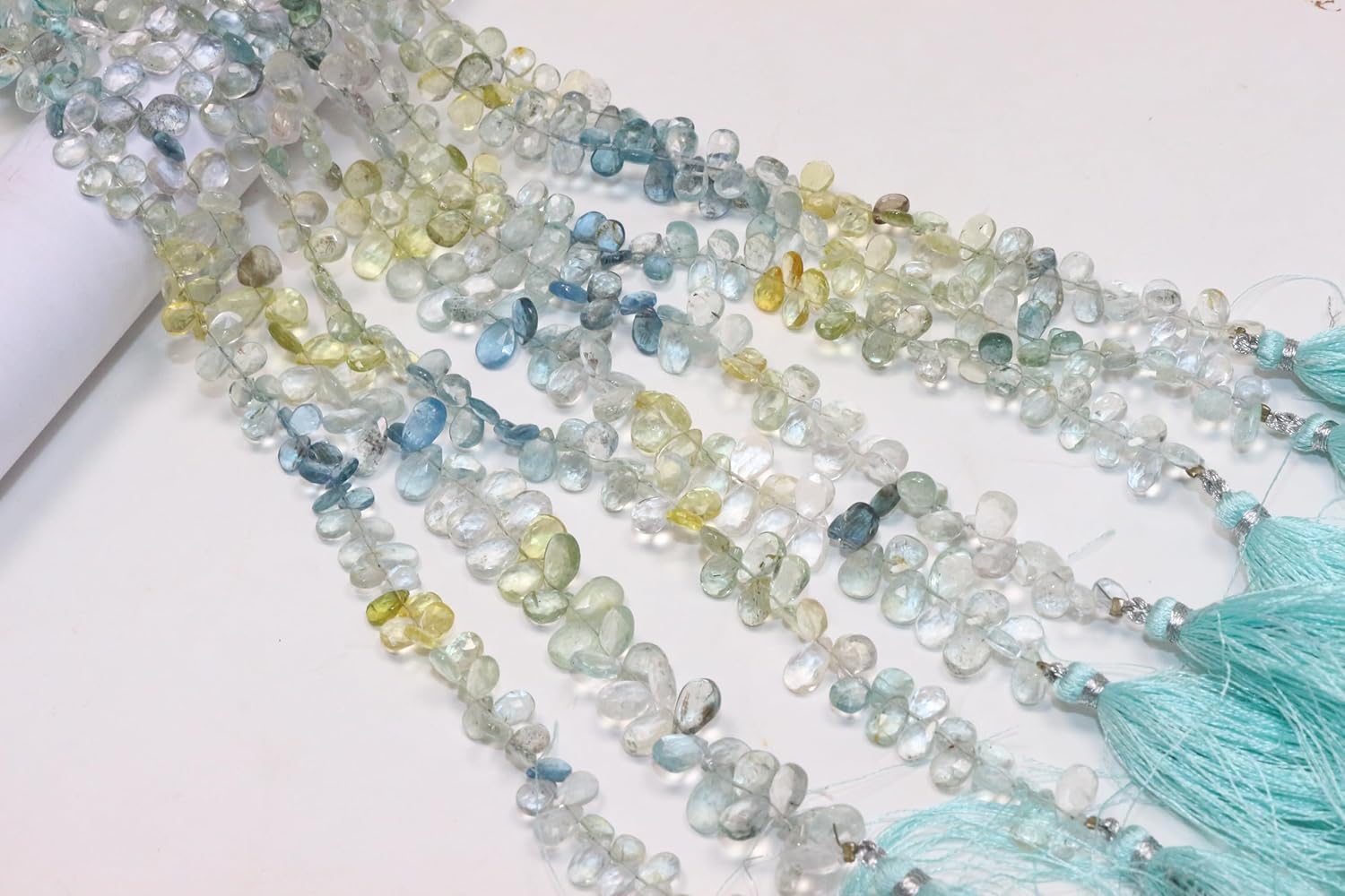 Natural Aquamarine Faceted Pear Beads, Multi-Color Blue and Yellow, Semi-Precious Gemstone Strand, 4-8mm, 8 Inch Length