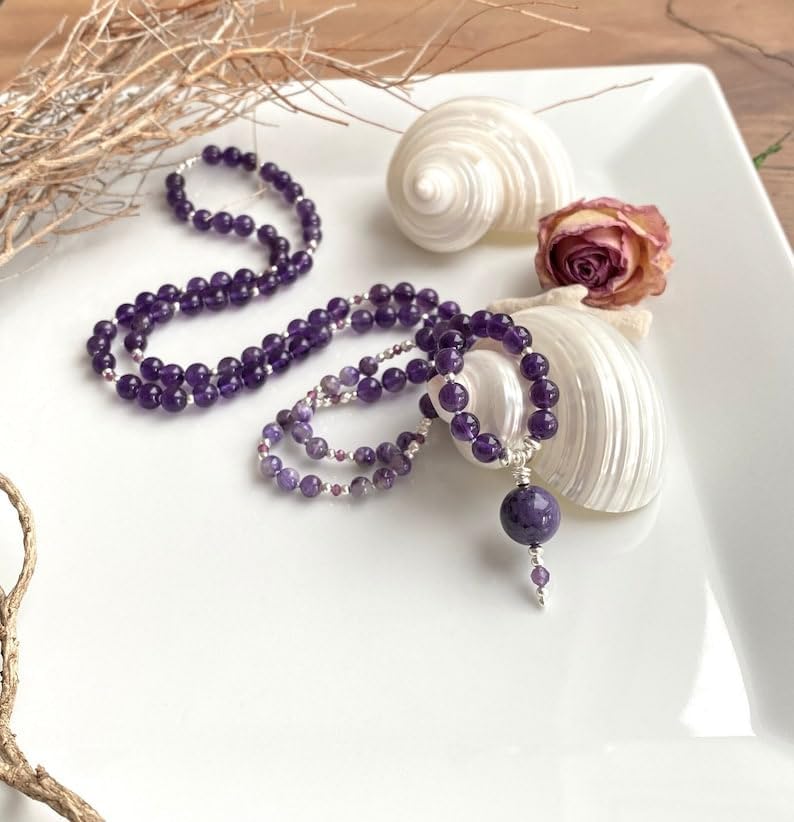 Natural Dark charoite and amethyst 5mm,6mm 108 Mala Beads, Spiritual, Meditation Beads, Reiki, Japa Mala, Buddhist Prayer Beads, Yoga Bracelet, healing beads LKMALA-RRGU-3484