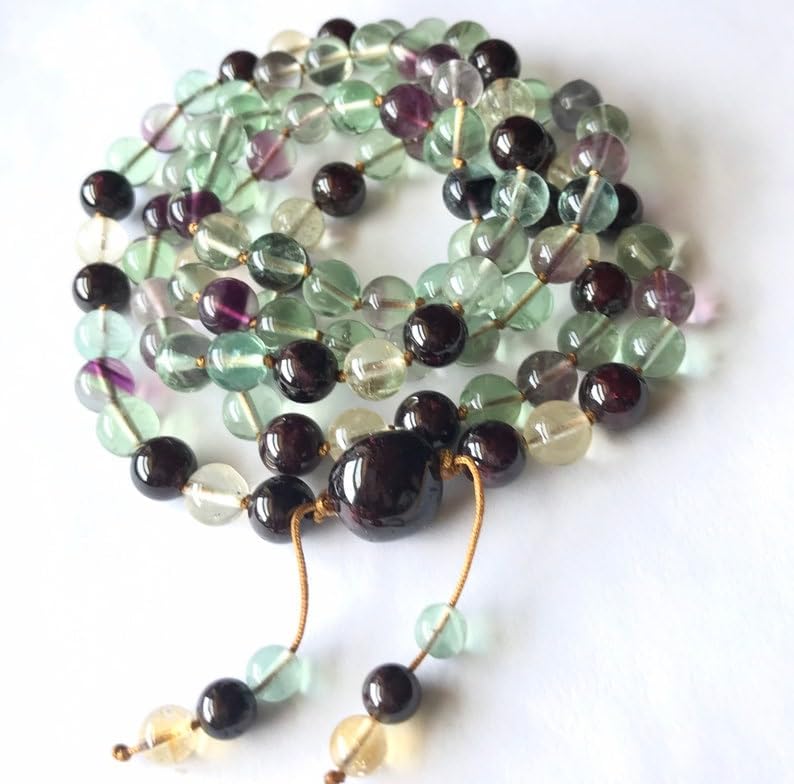Natural Rainbow Fluorite, Citrine, Garnet, 8mm-12mm 108 Mala Beads, Spiritual, Meditation Beads, Reiki, Japa Mala, Buddhist Prayer Beads, Yoga Bracelet, healing beads LKMALA-RRGU-1023