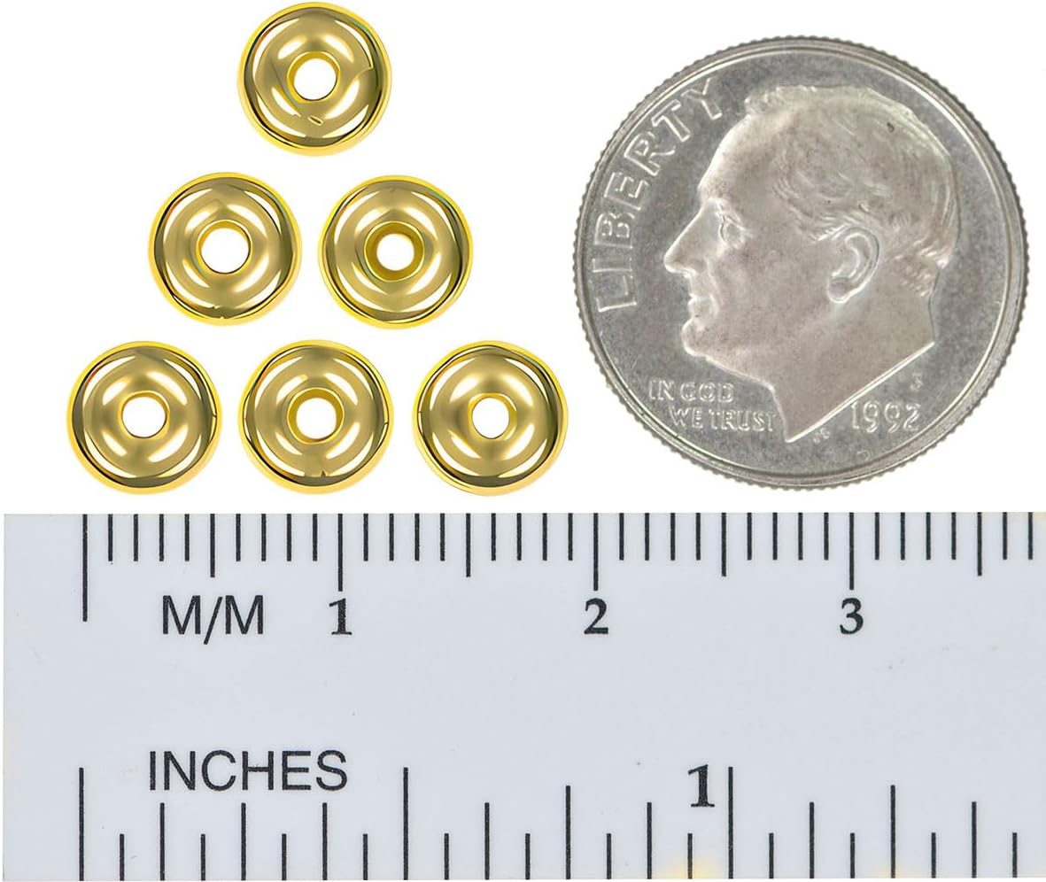 uGems 6 14K Genuine Solid Gold Roundel Hollow Beads 6mm - Smooth Seamless Spacer Beads for Jewelry Crafting, Lightweight Hollow Design - Pack of 6 - SKU: 14466-6