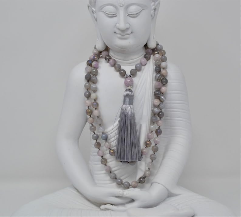 Natural Agate and Kunzite 8mm 108 Mala Beads, Spiritual, Meditation Beads, Reiki, Japa Mala, Buddhist Prayer Beads, Yoga Bracelet, healing beads LKMALA-RRGU-350