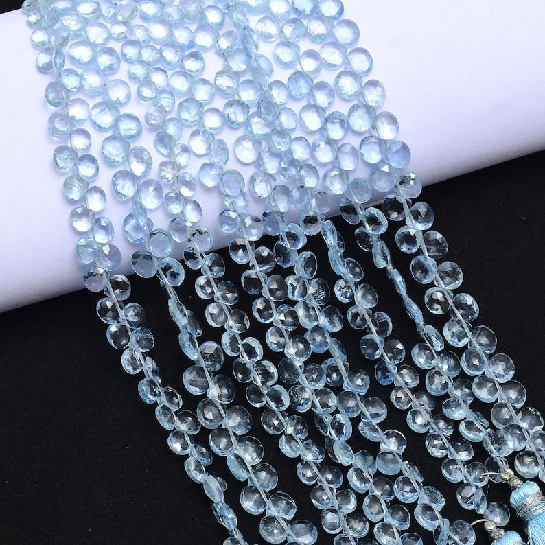 8 inch Strand of Natural Aquamarine 5-6mm Heart Faceted briolette Beads for DIY Jewelry Making. |BRIO_00600