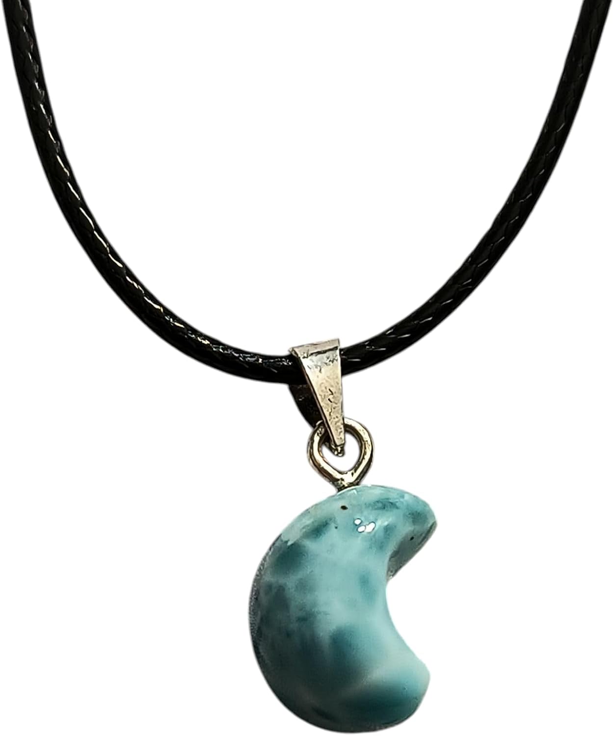 Natural Authentic Hand-Cut Larimar Gemstone set in .925 Sterling Silver Bail with a Faux Leather Chain. Half Moon Shape #2