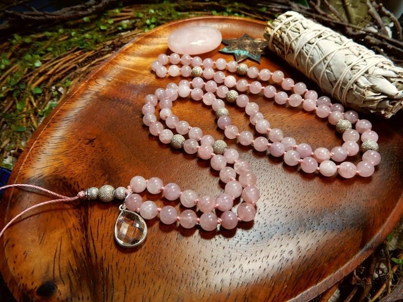 Natural Madagascar Rose Quartz 8mm 108 Mala Beads, Spiritual, Meditation Beads, Reiki, Japa Mala, Buddhist Prayer Beads, Yoga Bracelet, healing beads LKMALA-RRGU-1496, 34 inch