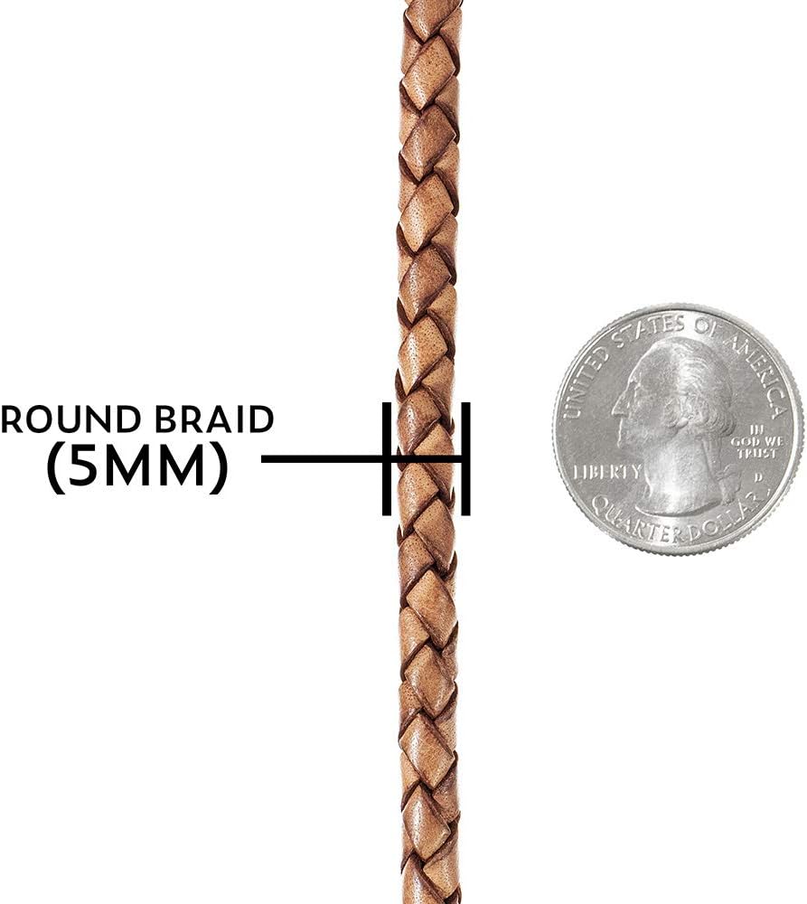 Craft County Round Braided Leather Jewelry Craft Cord – Necklaces, Belts, Bracelets, Crafts and Jewelry Making (Natural, 5mm x 20 Meters)