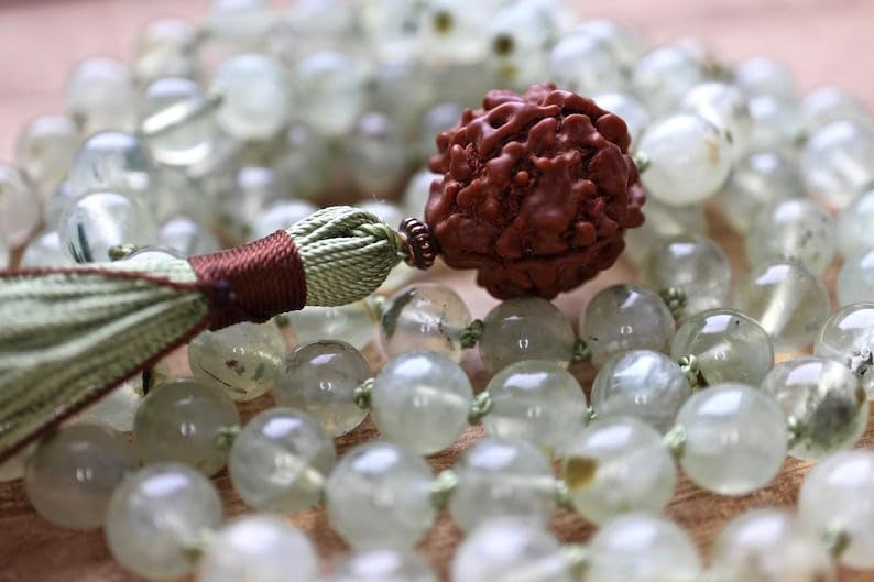 Natural Prehnite and Rudraksha 8mm 108 Mala Beads, Spiritual, Meditation Beads, Reiki, Japa Mala, Buddhist Prayer Beads, Yoga Bracelet, healing beads LKMALA-RRGU-2939