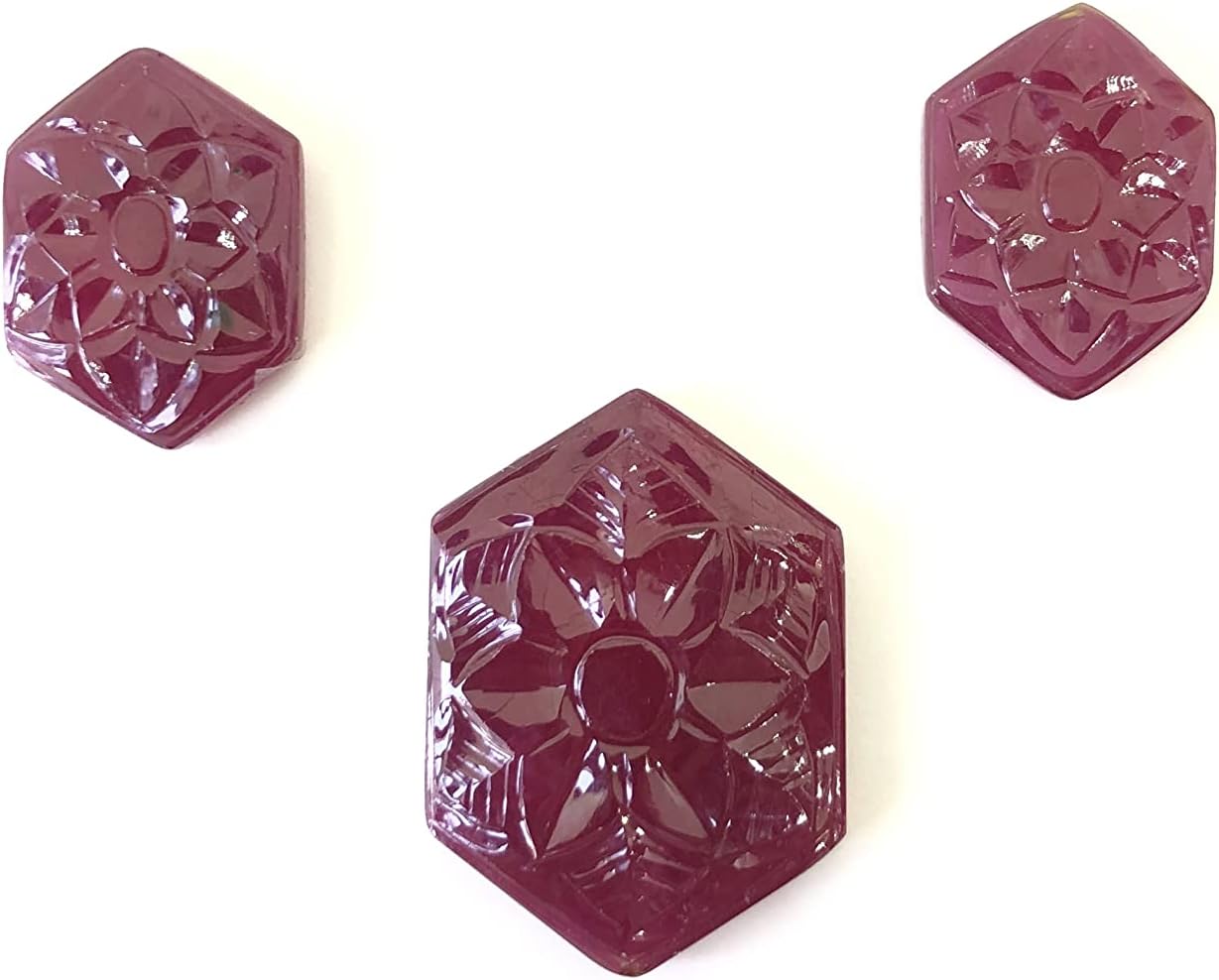 62.10 Ct Deep Red Ruby Flower Design Hand Carved Fancy Shape Layout Size 32 To 20 mm Loose Gemstone Wholesale 3 Pieces Lot For Making Jewelry