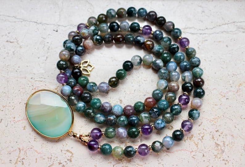 Natural Indian Agate Mala with Amethyst 8mm 108 Mala Beads, Spiritual, Meditation Beads, Reiki, Japa Mala, Buddhist Prayer Beads, Yoga Bracelet, healing beads LKMALA-RRGU-2920