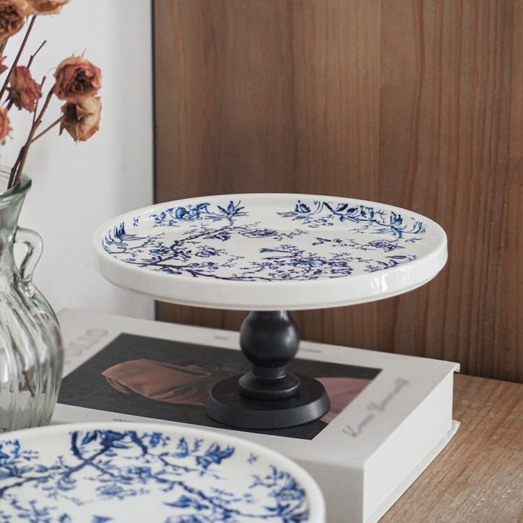 Tray Chinese Retro Blue and White Wooden High-Foot Tray Aromatherapy Refreshments Fruit Storage Tray Home Decoration Storage Tray Serving Trays(Black)
