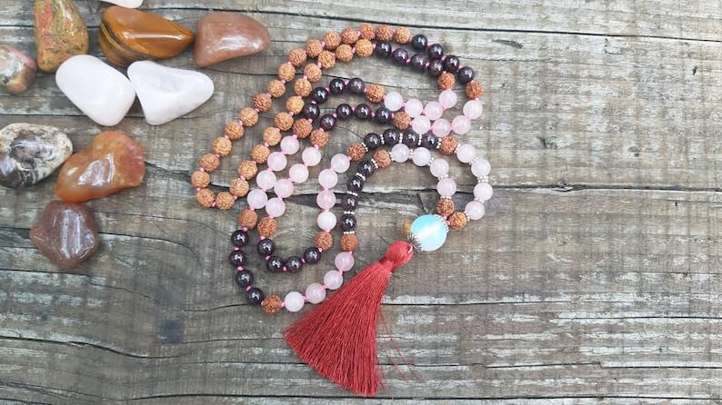 Natural Garnet, Rose Quartz, Rudraksha 8mm 108 Mala Beads, Spiritual, Meditation Beads, Reiki, Japa Mala, Buddhist Prayer Beads, Yoga Bracelet, healing beads LKMALA-RRGU-3927