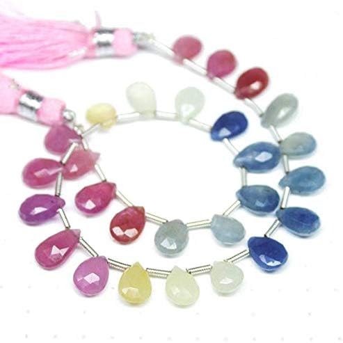 Natural Multi Pink Blue Sapphire White Faceted Briolette Pear Drop Gemstone Craft Loose Beads 8 Inch Long 9mm 10mm Code-HIGH-1087