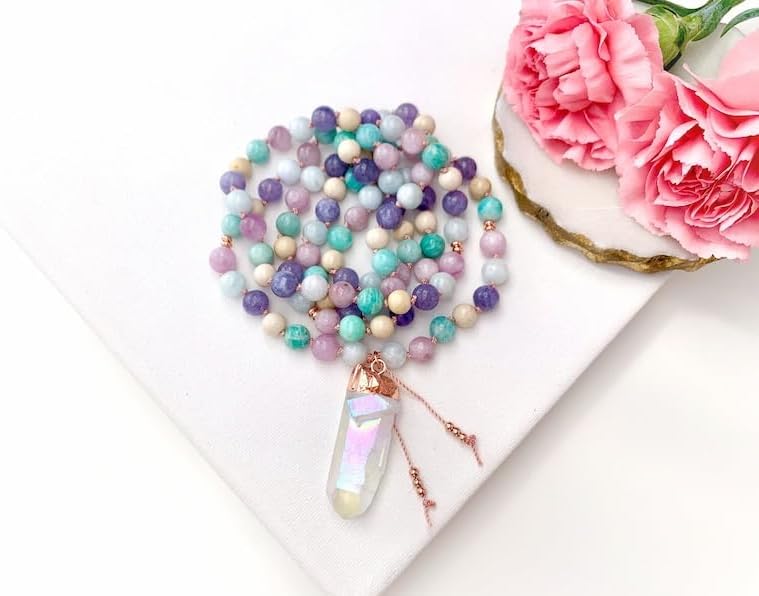 Natural Tanzanite Amazonite Riverstone Kunzite Aquamarine 6mm 108 Mala Beads, Spiritual, Meditation Beads, Reiki, Japa Mala, Buddhist Prayer Beads, Yoga Bracelet, healing beads LKMALA-RRGU-2051