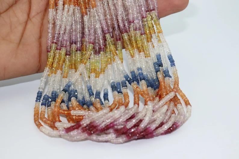 Multi Sapphire Faceted Tyre Shape Beads 3.5-4MM Multi Rainbow Sapphire Wheel Cut Beads Strand for Jewelry Making