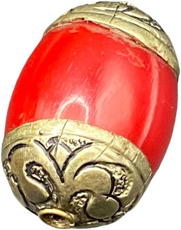 Old Antique 32x22mm Nepalese Tibetan Bead with Coral and Turquoise Inlay – 9g Handmade Brass Vintage Bead for Jewelry Making, Boho Crafts, Healing & Meditation Accessories