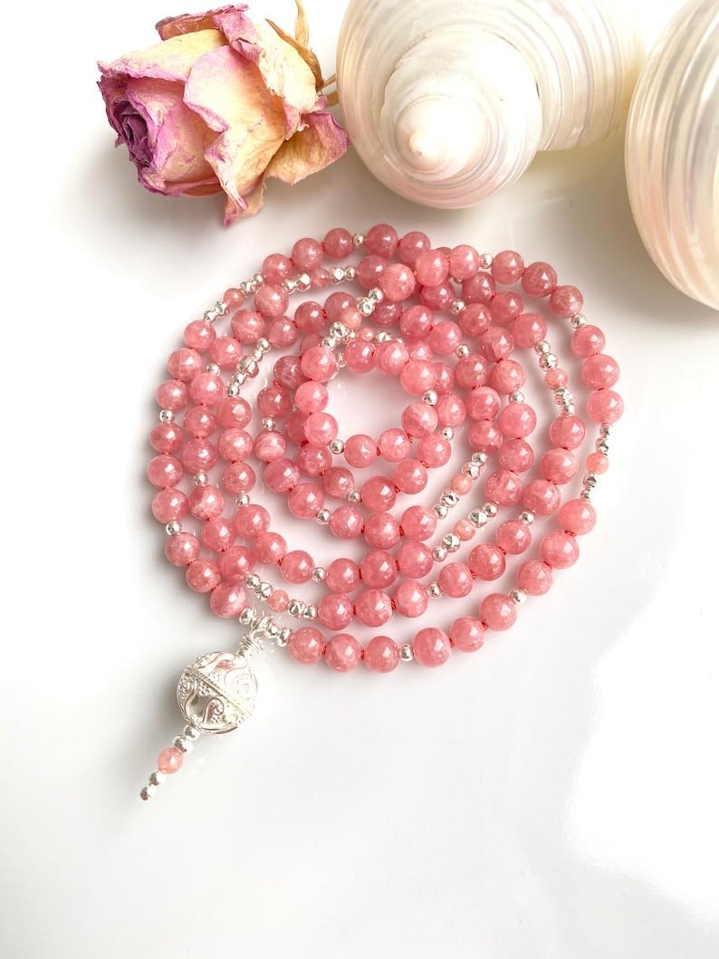 Natural rhodochrosite 6mm 108 Mala Beads, Spiritual, Meditation Beads, Reiki, Japa Mala, Buddhist Prayer Beads, Yoga Bracelet, healing beads LKMALA-RRGU-3410