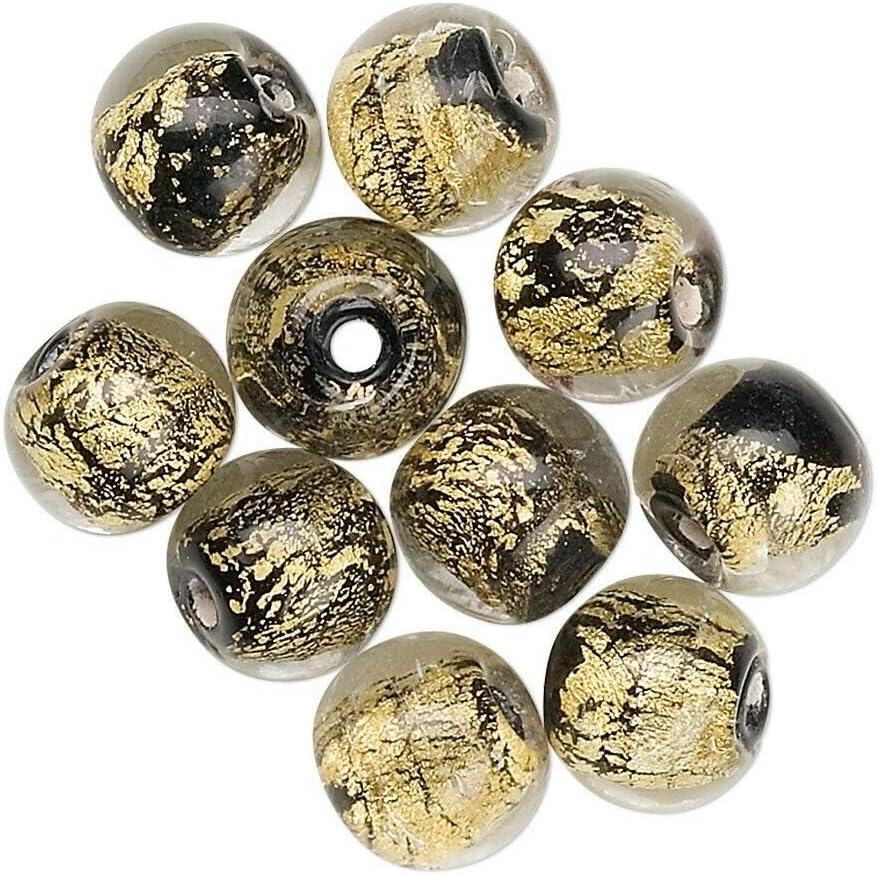 10 Lampwork Glass Black with Gold Foil in Clear 8mm Round Beads
