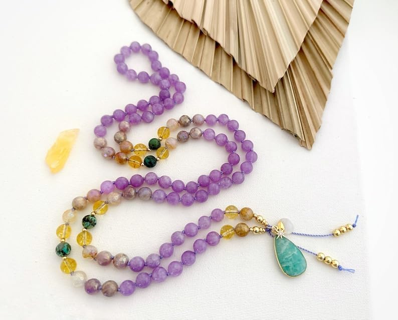 Natural amethyst african turquoise and citrine 8mm 108 Mala Beads, Spiritual, Meditation Beads, Reiki, Japa Mala, Buddhist Prayer Beads, Yoga Bracelet, healing beads LKMALA-RRGU-2197
