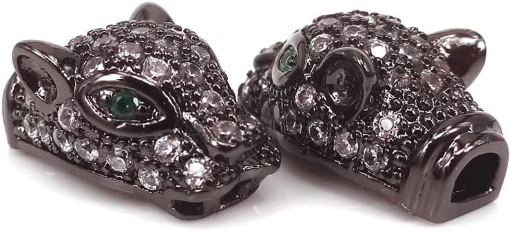 Davitu Silver Gold Color Green Eye Leopard Head Bead,Micro Pave White cz Cubic Zircon Leopard Head Bead for Bracelet Making Spacer Bead - (Color: Black)