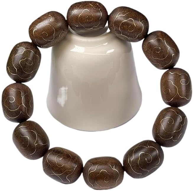 Vietnam Nha Trang White Agarwood Sinking Old Material Jujube Beads 18mm with Gold-Inlaid Auspicious Cloud Pattern