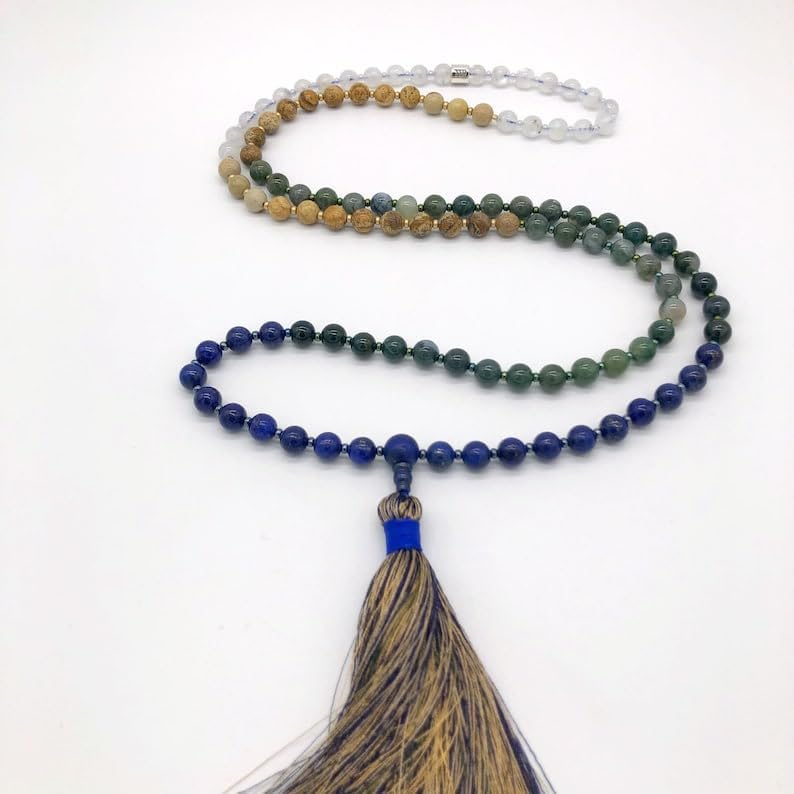 Natural LAPIS LAZULI,MOONSTONE,MOSS AGATE,PICTURE JASPER 8mm 108 Mala Beads, Spiritual, Meditation Beads, Reiki, Japa Mala, Buddhist Prayer Beads, Yoga Bracelet, healing beads LKMALA-RRGU-2653